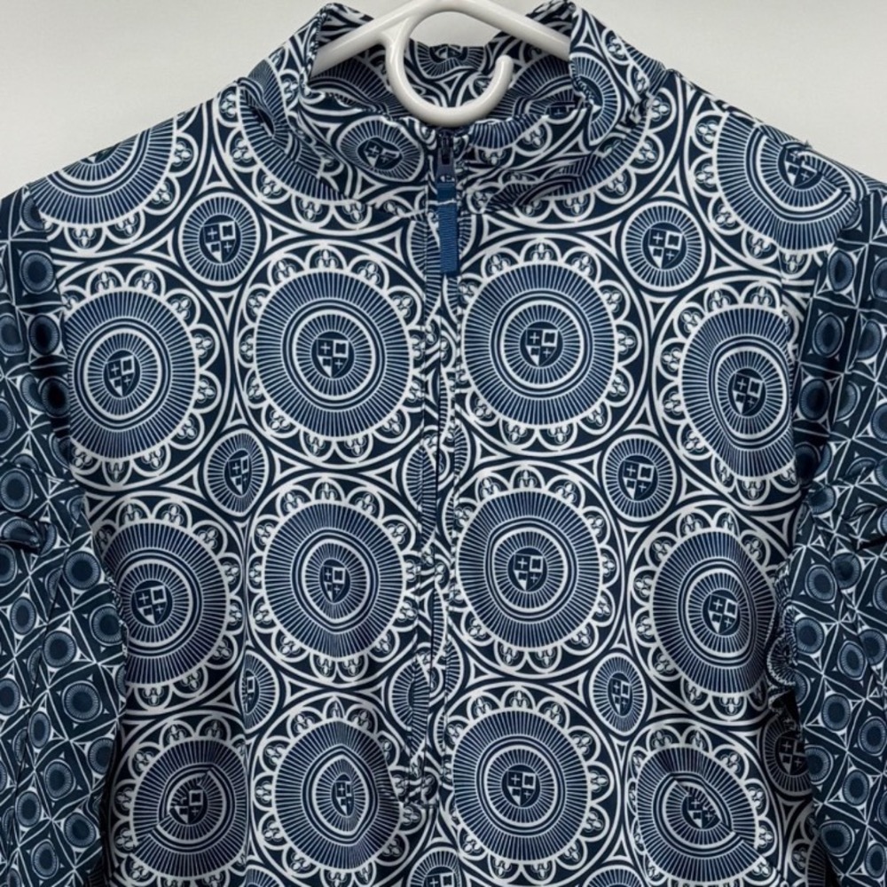 Gretchen Scott Navy White Geometric Medallion 1/4 Zip Pullover Top Small